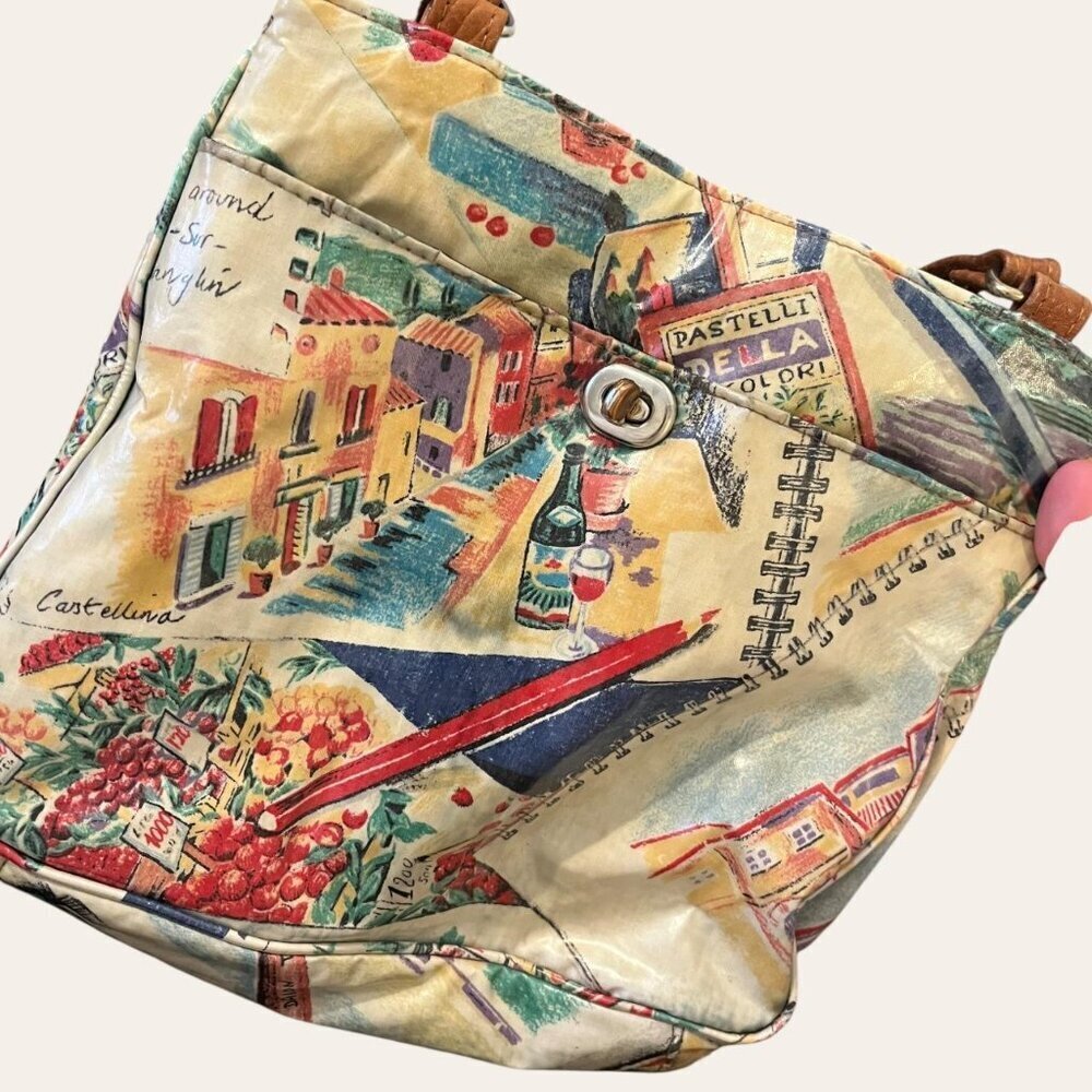 Unique vintage vinyl colored pencil illustrated European scenery artist purse - Picture 6 of 8